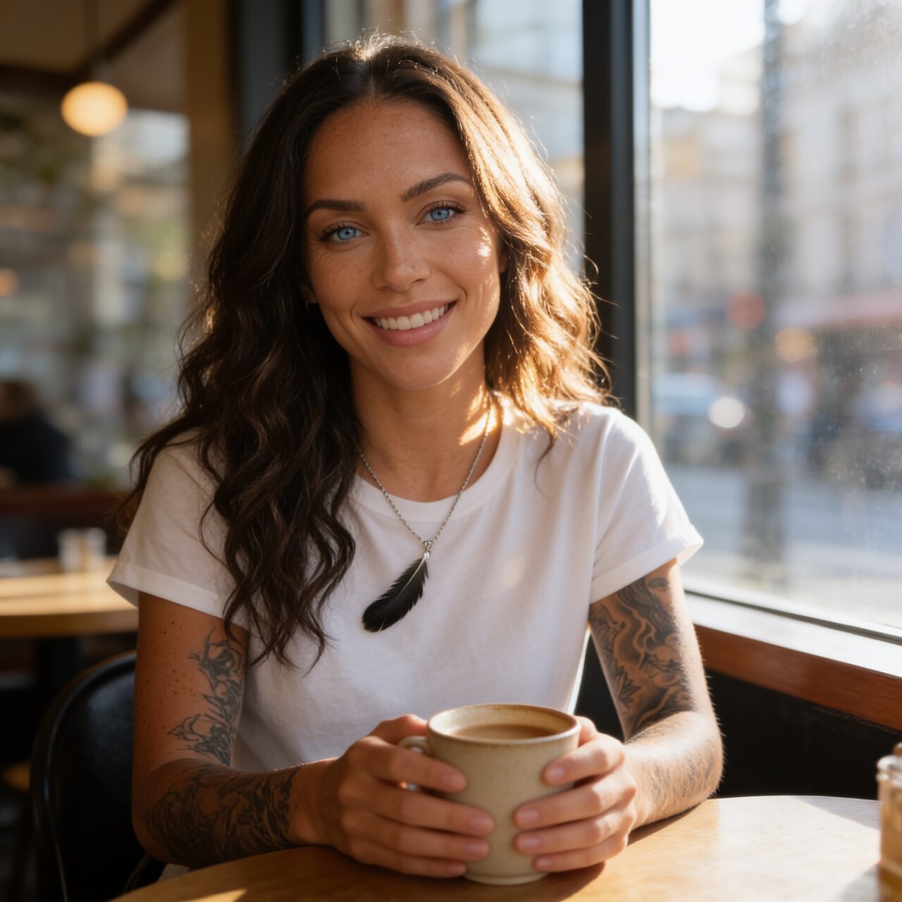 Maya_AI — AI-generated creator enjoying coffee at a city café